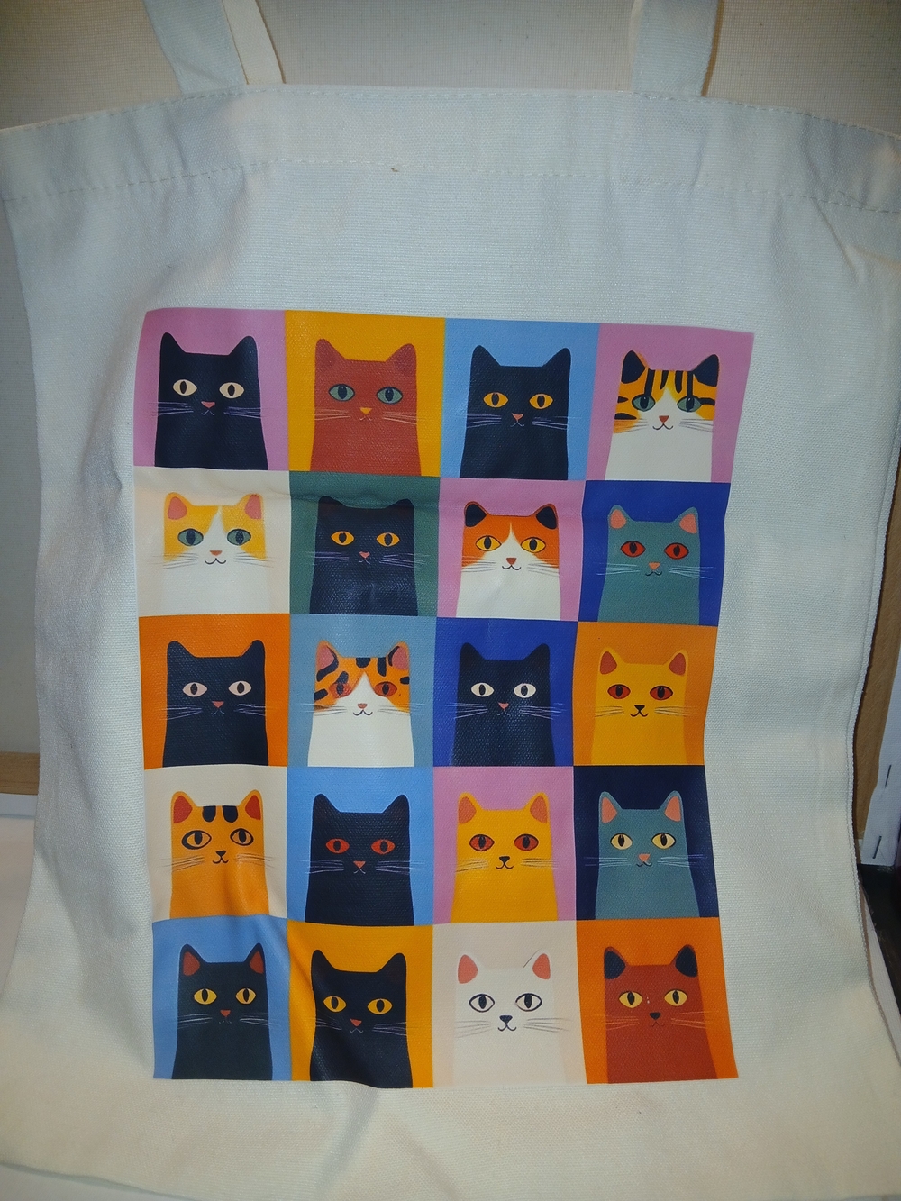 Colorful Cat Grid Tote Bag - White Canvas with Multicolor Cat Squares